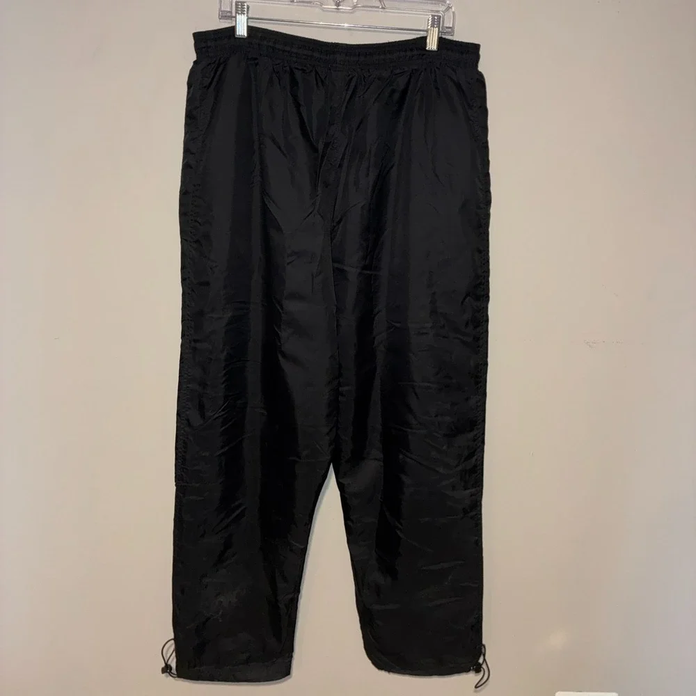 Black Nylon Track Pants Mens XL Lined Zip Ankle Drawstring Code Four